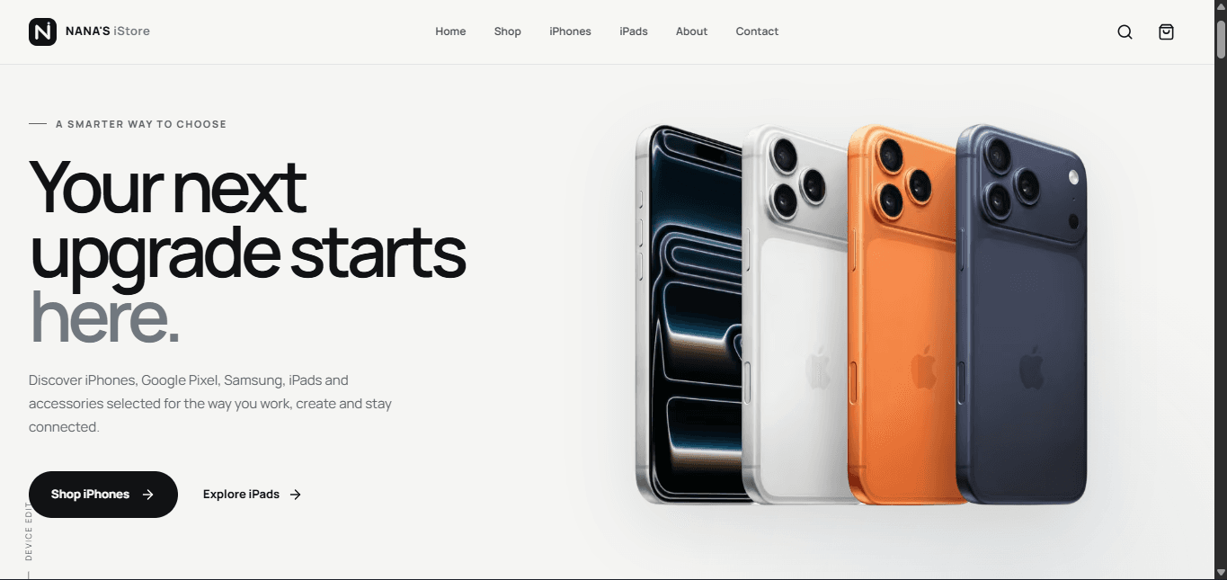 Nana's iStore homepage showing electronics shopping interface